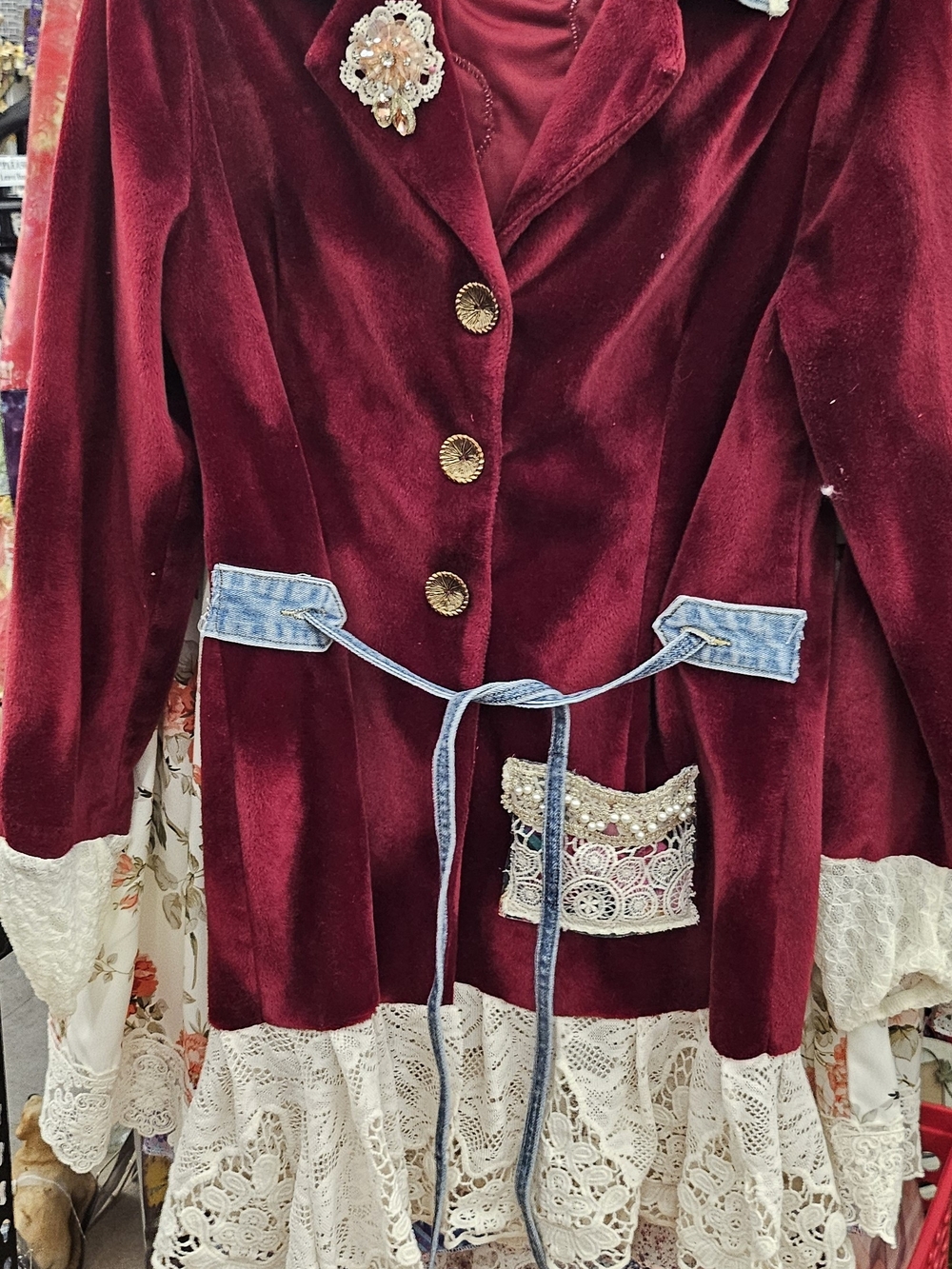 Vintage-Inspired Burgundy Velvet Coat with Lace Trim
